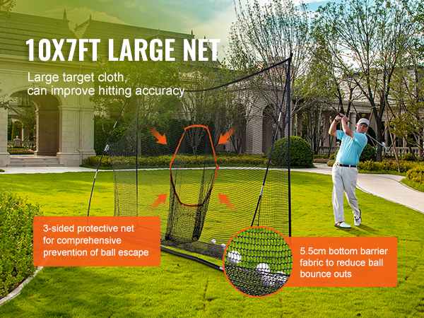 VEVOR golf practice net: 10x7ft large net, 3-sided protective net, 5.5cm bottom barrier fabric for accuracy.