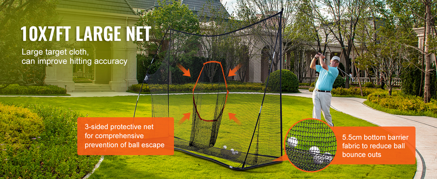 VEVOR golf practice net: 10x7ft large net, 3-sided protective net, 5.5cm bottom barrier fabric for accuracy.
