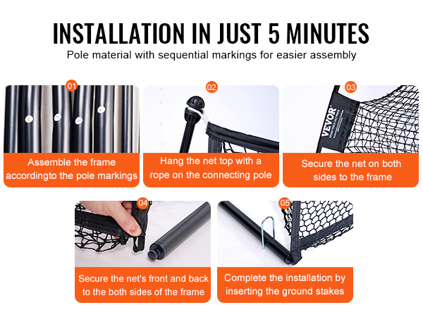 installation steps for VEVOR golf practice net in 5 minutes: frame assembly, net hanging, and securing.