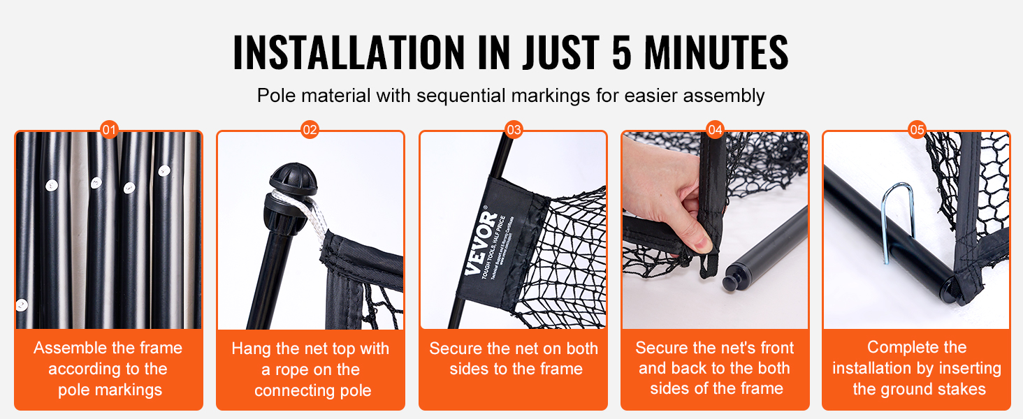 installation steps for VEVOR golf practice net in 5 minutes: frame assembly, net hanging, and securing.