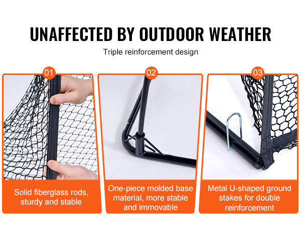 triple reinforcement design of the VEVOR golf practice net with fiberglass rods, molded base, and u-stakes.