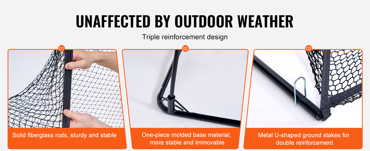 triple reinforcement design of the VEVOR golf practice net with fiberglass rods, molded base, and u-stakes.