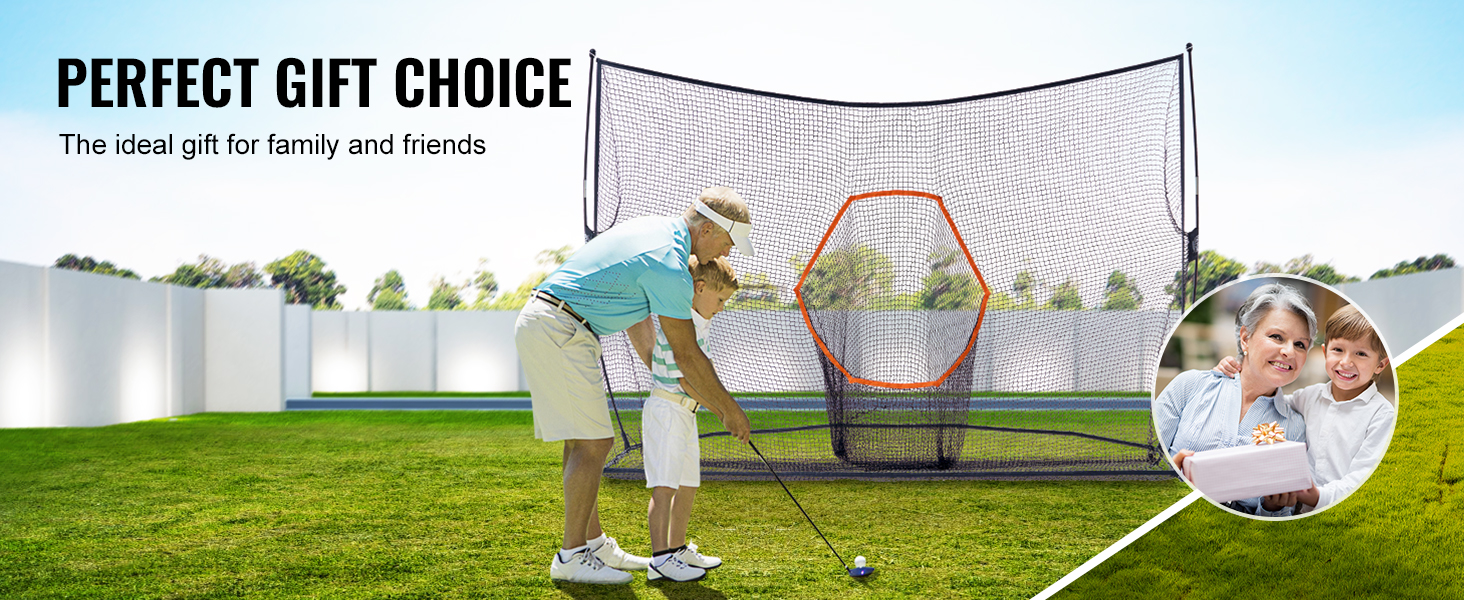 VEVOR golf practice net outdoors, perfect gift choice for family and friends, father teaching son to play.