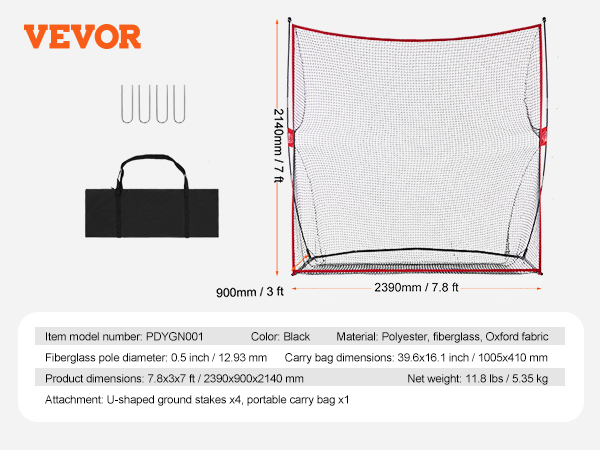 VEVOR golf practice net with dimensions, materials, and attachments shown, including a carry bag and ground stakes.