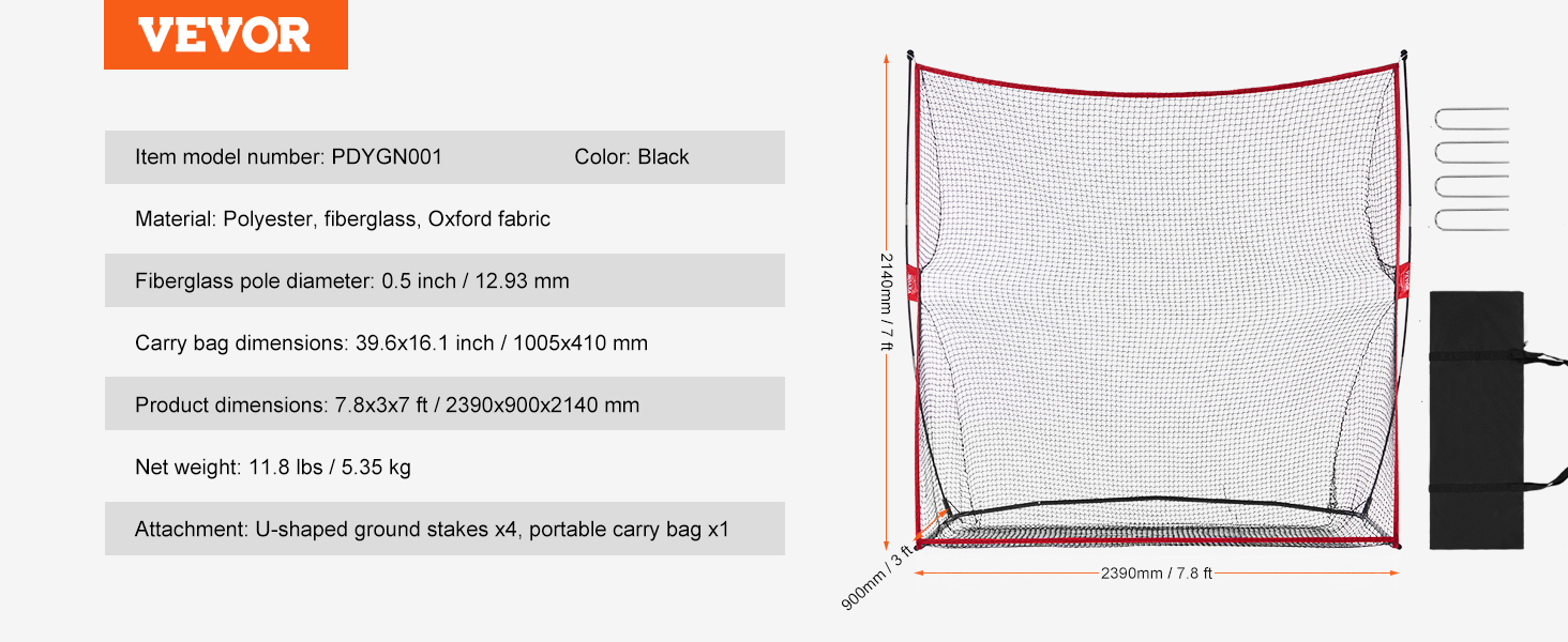 VEVOR golf practice net with dimensions, materials, and attachments shown, including a carry bag and ground stakes.