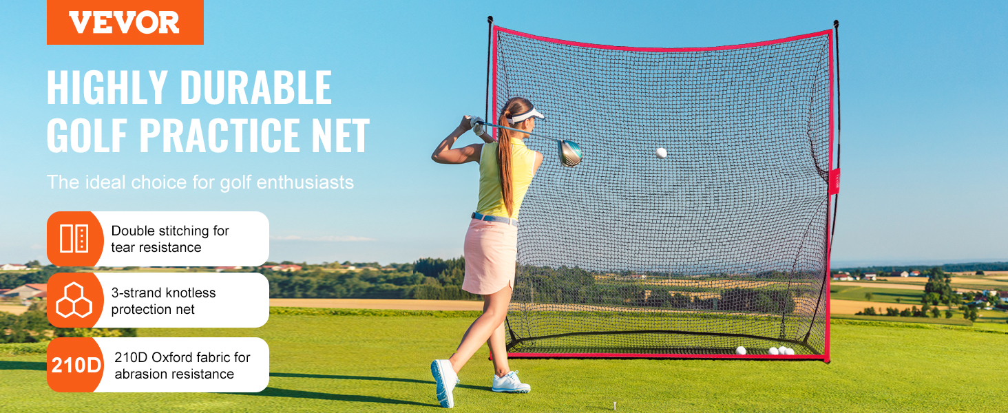 golfer using VEVOR golf practice net with durable double stitching, knotless net, and 210d oxford fabric.