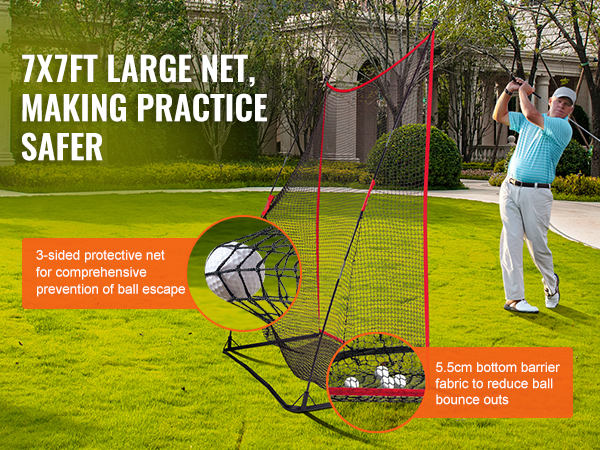 VEVOR golf practice net, 7x7ft large net in a garden, protecting against ball escape and bounce outs.