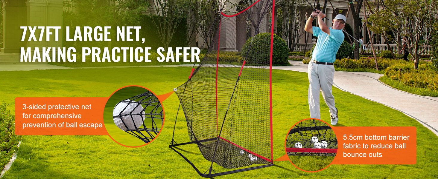 VEVOR golf practice net, 7x7ft large net in a garden, protecting against ball escape and bounce outs.