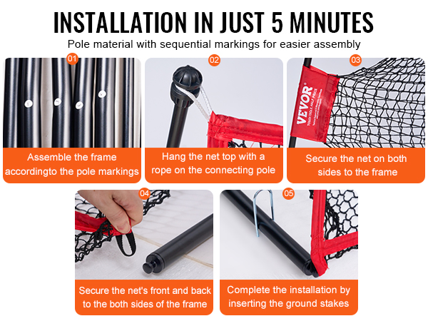 installation steps for the VEVOR golf practice net: assemble frame, hang net, secure net to frame, install ground stakes.