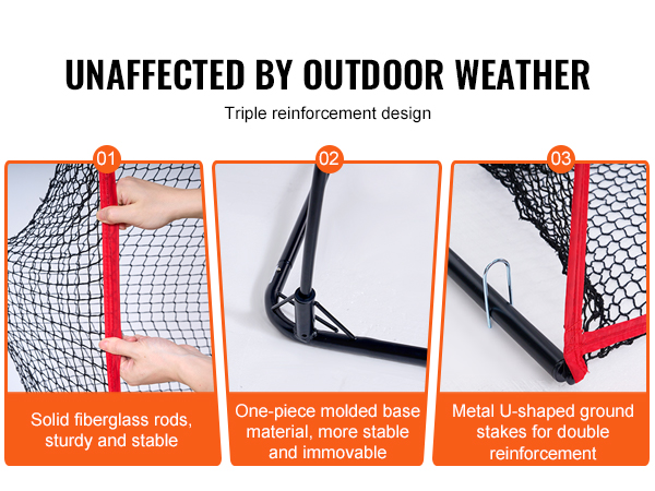 VEVOR golf practice net features fiberglass rods, a one-piece molded base, and u-shaped ground stakes.