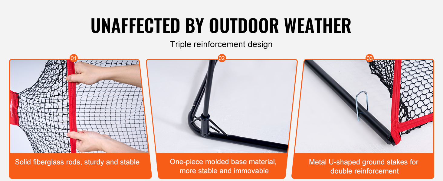 VEVOR golf practice net features fiberglass rods, a one-piece molded base, and u-shaped ground stakes.