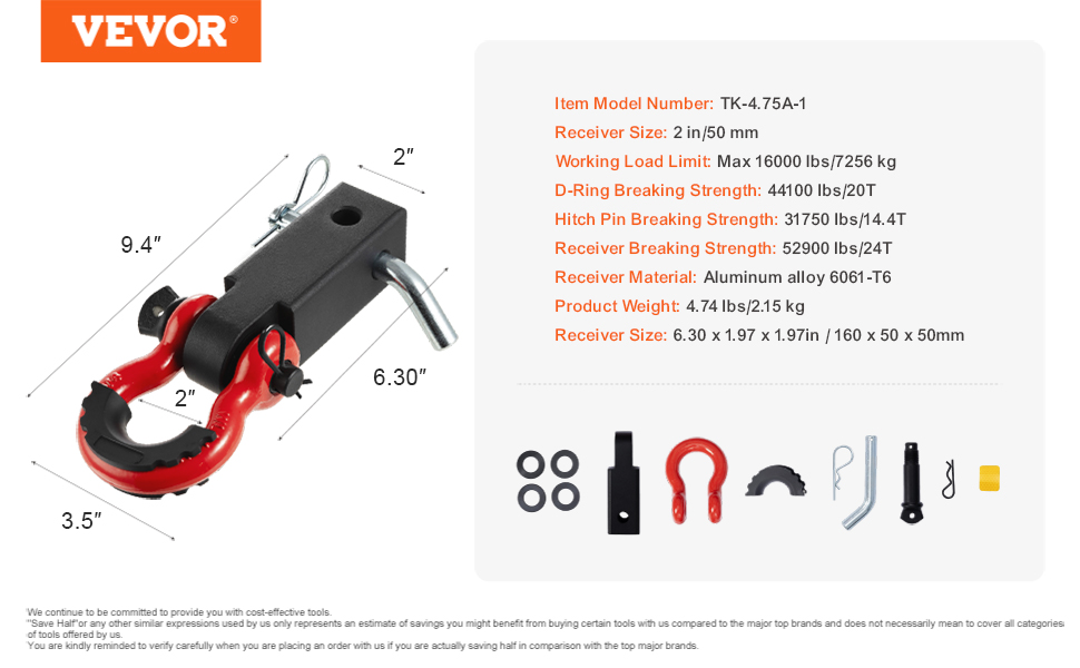 VEVOR trailer hitch receiver, 2-inch black receiver with red d-ring, technical specifications included.