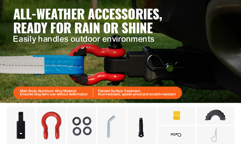 all-weather VEVOR trailer hitch receiver with aluminum alloy and rust-resistant surface for outdoor use.