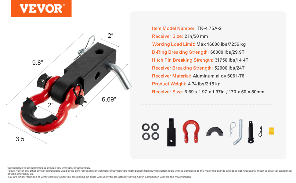 VEVOR trailer hitch receiver with d-ring, aluminum alloy, 16,000 lbs load, 2 in/50 mm receiver.