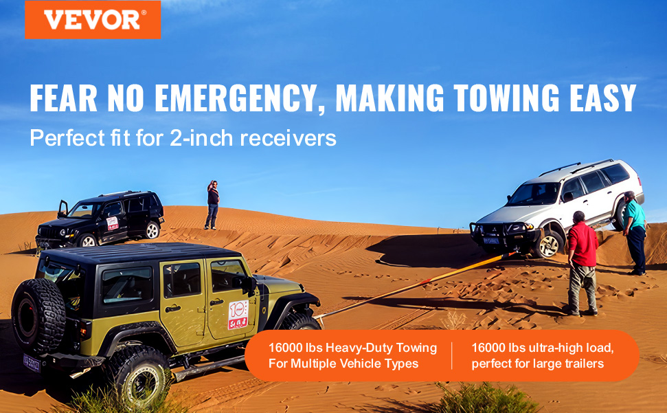off-roading vehicles using VEVOR trailer hitch receiver for heavy-duty towing in a desert.