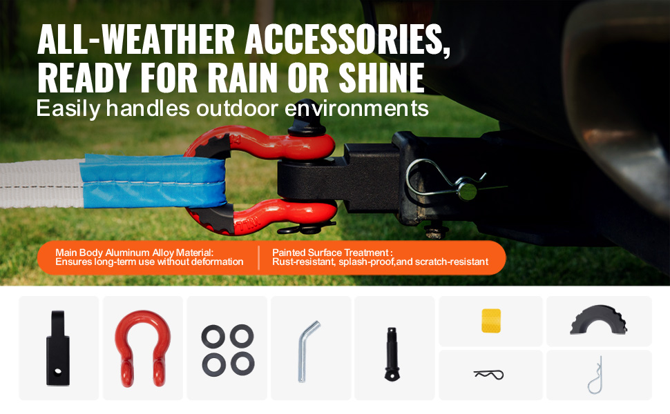 VEVOR trailer hitch receiver showcasing all-weather durability with accessories for outdoor environments.