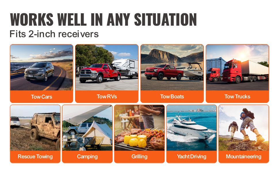 VEVOR trailer hitch receiver for tow cars, rvs, boats, trucks, rescue towing, camping, grilling, yacht driving, and mountaineering.