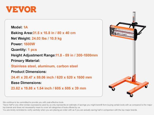 VEVOR infrared curing lamp with adjustable height, 1500w power, 31.5"x15.8" baking area, and base.