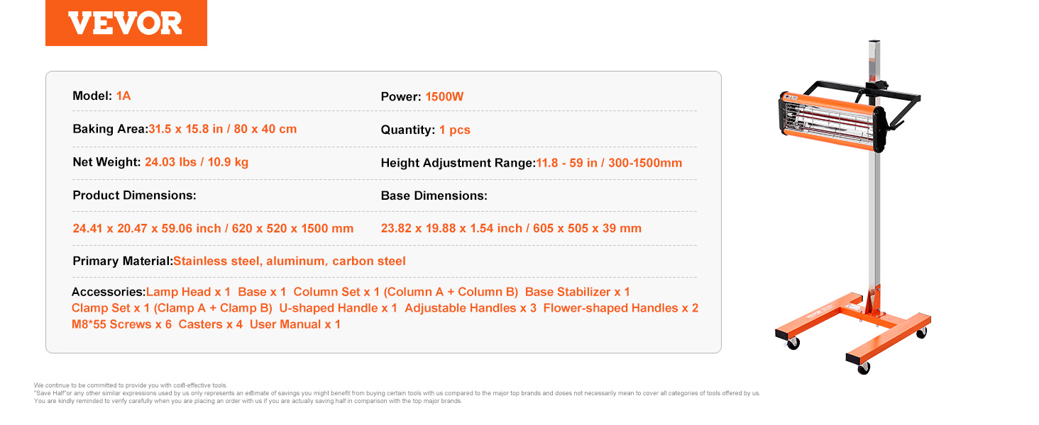 VEVOR infrared curing lamp with adjustable height, 1500w power, 31.5"x15.8" baking area, and base.