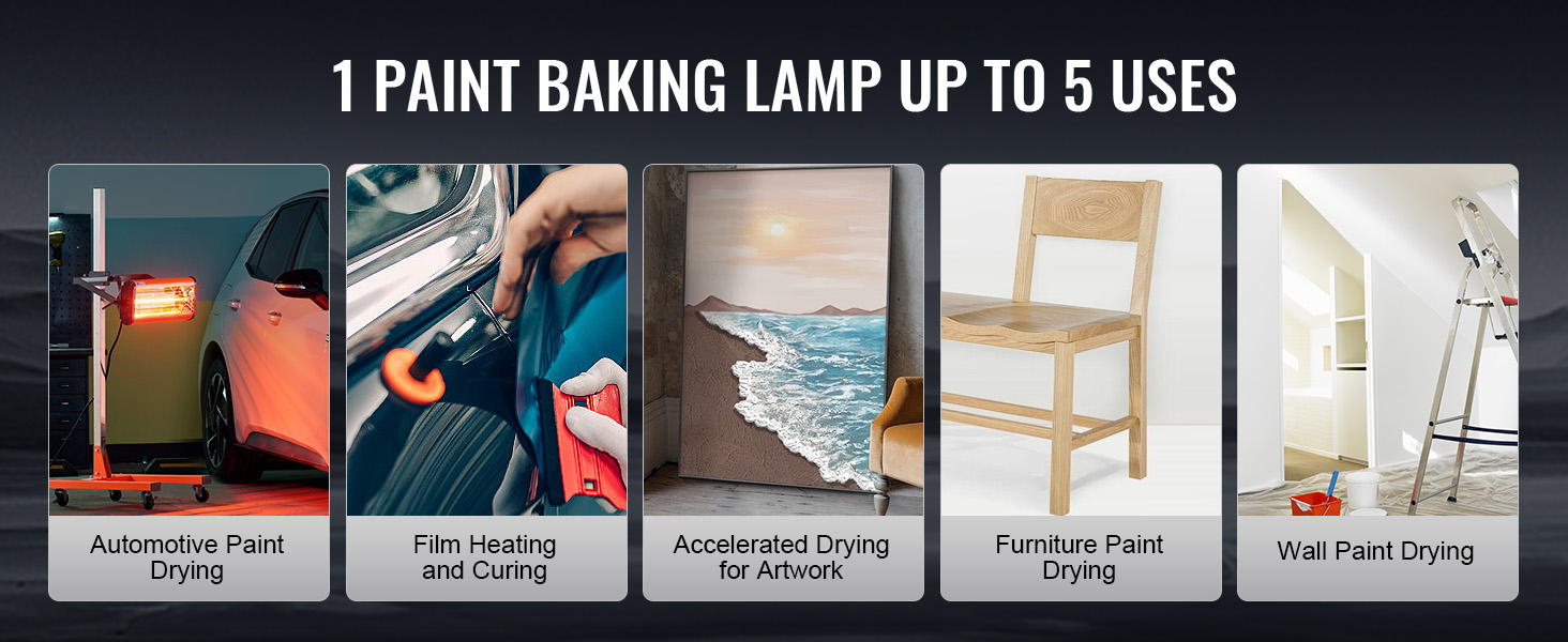 VEVOR infrared curing lamp for automotive paint, film heating, artwork, furniture, and wall drying.