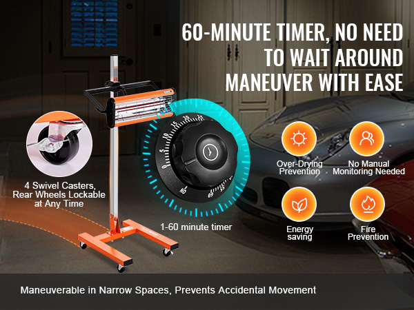 VEVOR infrared curing lamp with timer, lockable swivel casters, and energy-saving features.