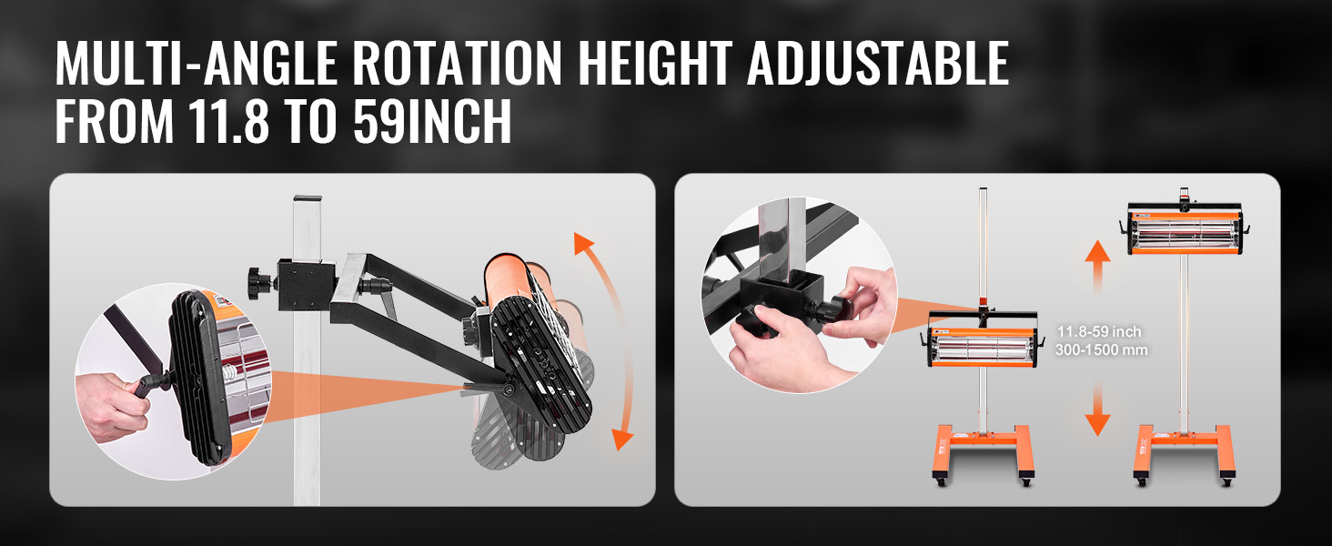 VEVOR infrared curing lamp with multi-angle rotation and height adjustable from 11.8 to 59 inches.