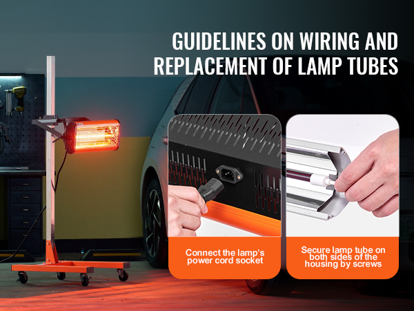 VEVOR infrared curing lamp in a garage with wiring and replacement of lamp tubes instructions.