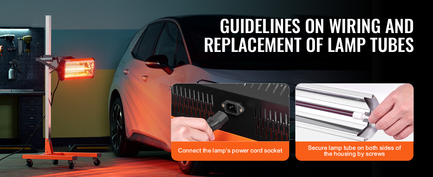 VEVOR infrared curing lamp in a garage with wiring and replacement of lamp tubes instructions.