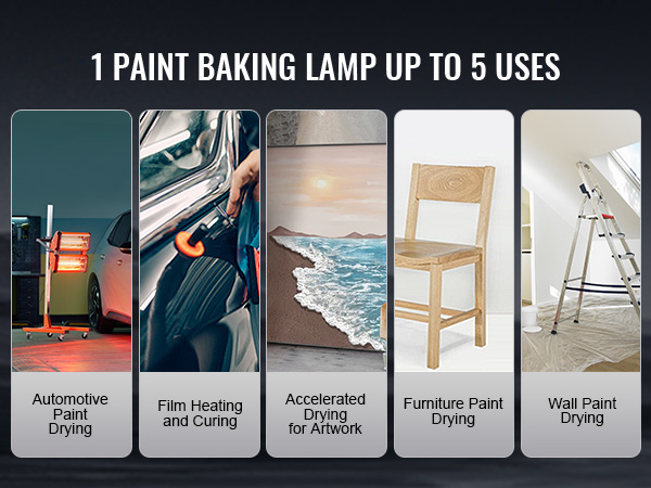 VEVOR infrared curing lamp used for automotive paint, film heating, artwork, furniture, and wall drying.