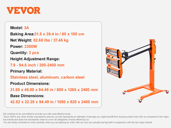 VEVOR infrared curing lamp with 3 lamp heads, power: 3300w, adjustable height, and sturdy orange frame.