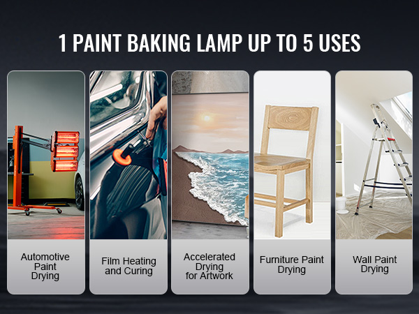 VEVOR infrared curing lamp with 5 uses for automotive, film, artwork, furniture, and wall paint drying.
