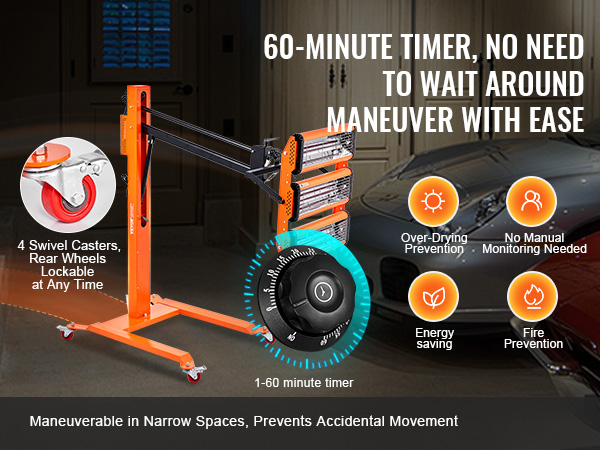VEVOR infrared curing lamp with 60-minute timer, 4 swivel casters, lockable rear wheels, and energy saving.