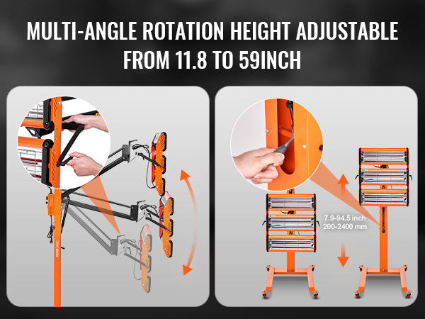 VEVOR infrared curing lamp with multi-angle rotation, height adjustable from 11.8 to 59 inches.