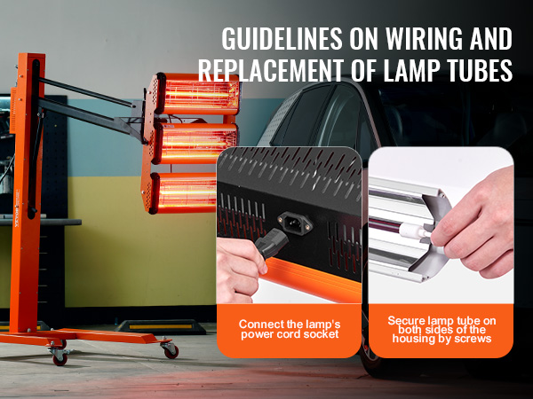 VEVOR infrared curing lamp beside a car with guides for wiring and replacing lamp tubes.