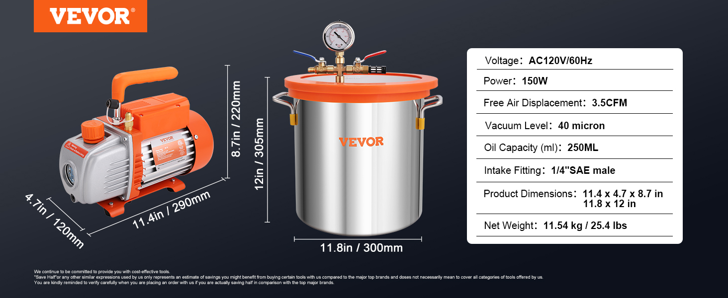 VEVOR vacuum chamber kit dimensions and specifications, showcasing pump and chamber with orange trim.