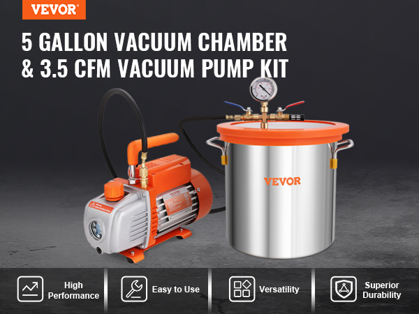 VEVOR vacuum chamber kit: 5 gallon vacuum chamber and 3.5 cfm vacuum pump with high performance and durability.