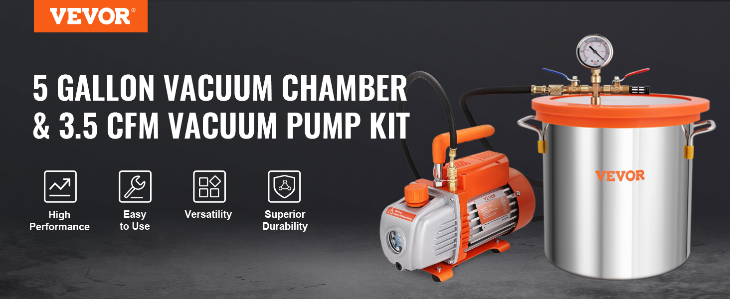 VEVOR vacuum chamber kit: 5 gallon vacuum chamber and 3.5 cfm vacuum pump with high performance and durability.