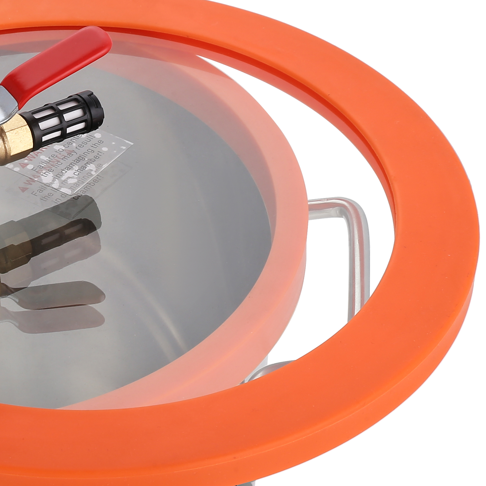 VEVOR vacuum chamber kit with orange lid, metal valve, and clear chamber for material extraction.