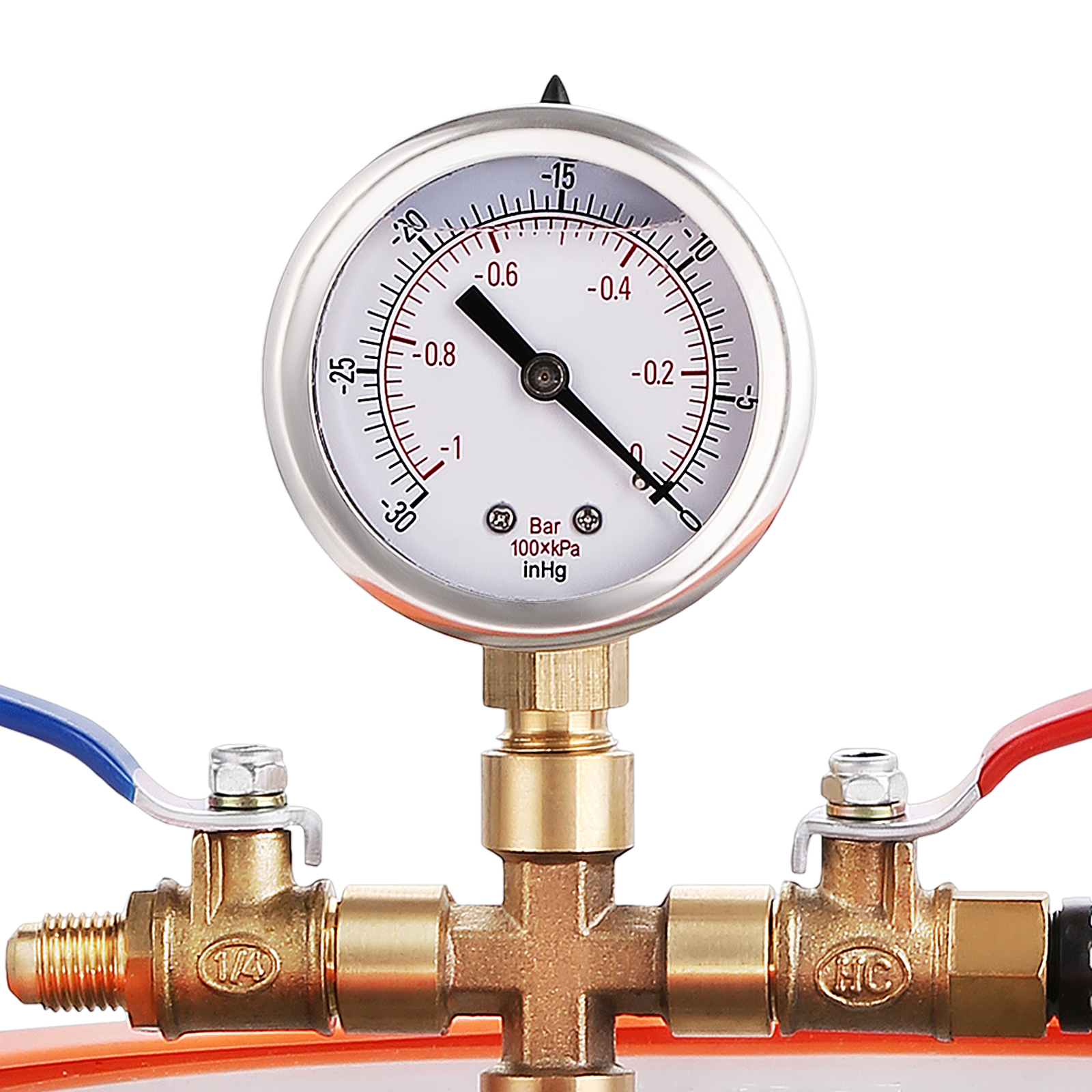 gauge of a VEVOR vacuum chamber kit with brass fittings and blue and red hoses for pressure readings