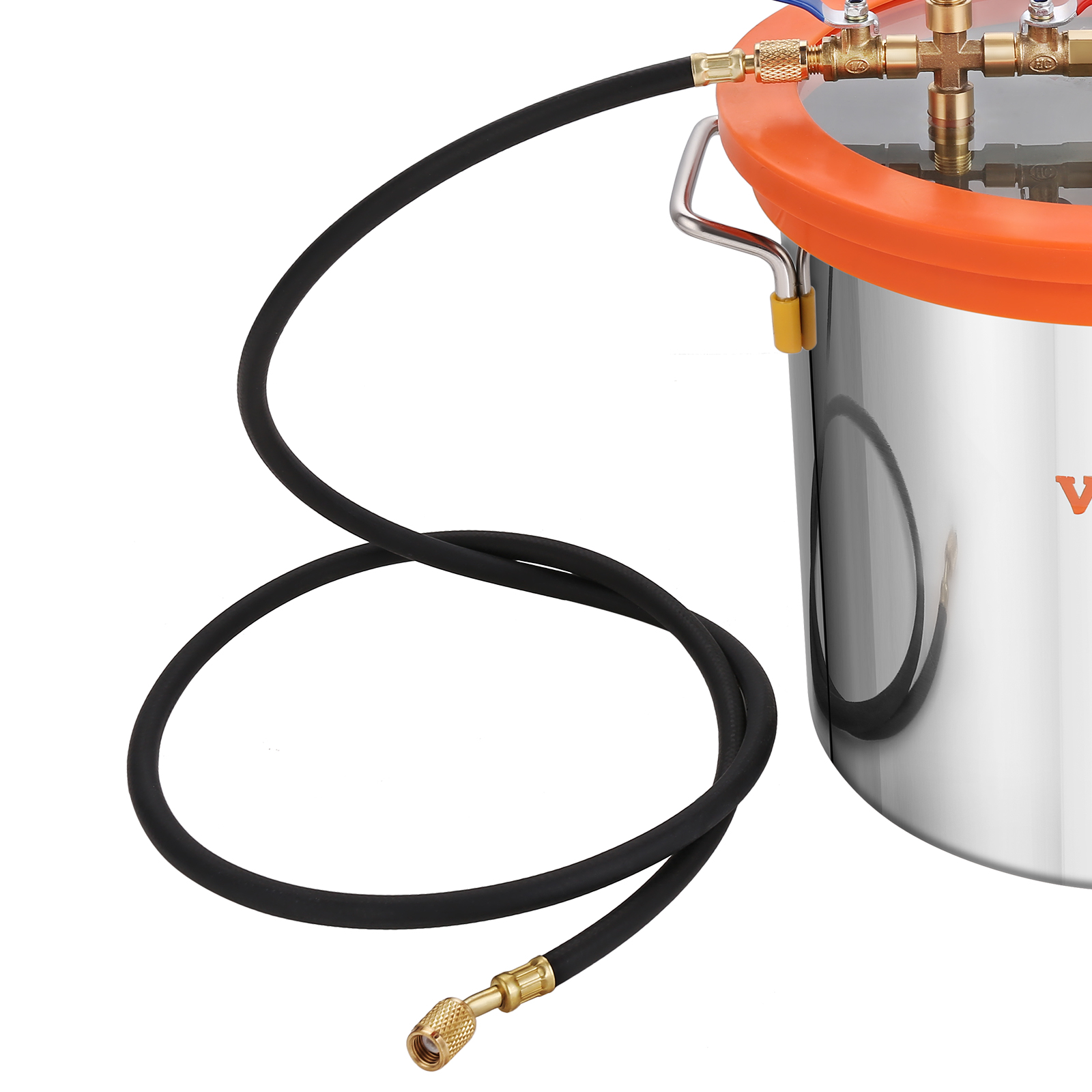 VEVOR vacuum chamber kit with stainless steel chamber and orange lid attached to a black hose.
