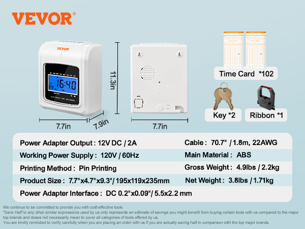 VEVOR time clock with dimensions, keys, ribbon, and time cards against a blue background.