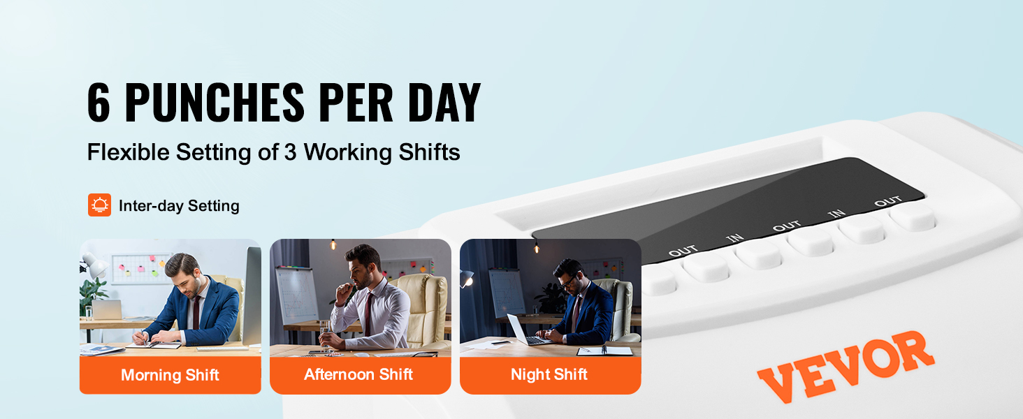 Часы VEVOR time clock предлагают гибкие настройки смены с 6 нажатиями в день для утренних, дневных и ночных смен.