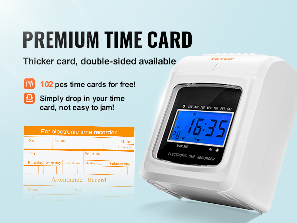 Часы VEVOR time с синим цифровым дисплеем, картой времени и надписью "102 шт карт времени бесплатно".