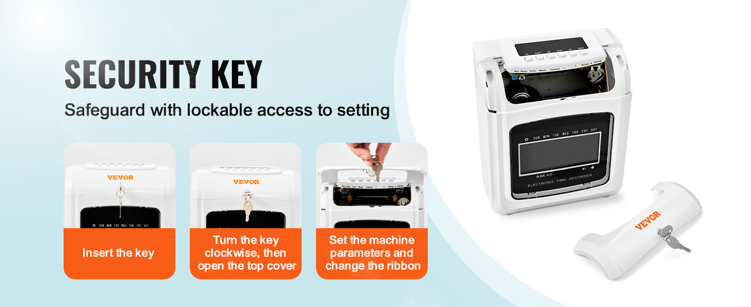 ключ безопасности для часов VEVOR time clock с пошаговыми инструкциями по вставке ключа, повороту по часовой стрелке, установке параметров и смене ленты.