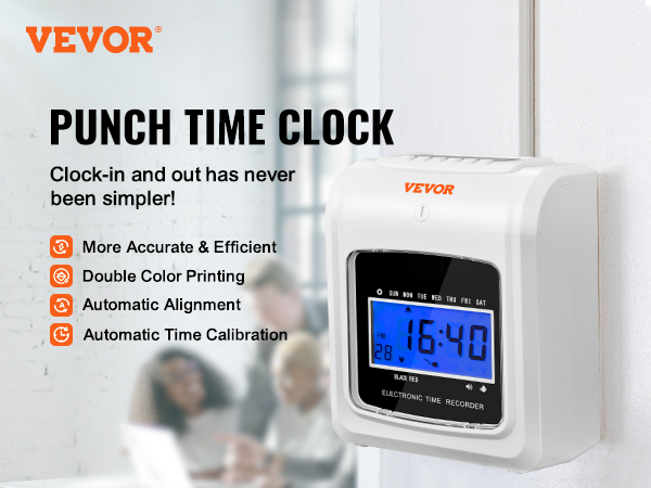 VEVOR time clock with double color printing, automatic alignment, and time calibration.