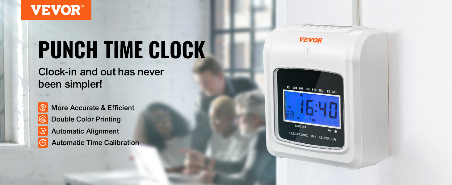 VEVOR time clock with double color printing, automatic alignment, and time calibration.