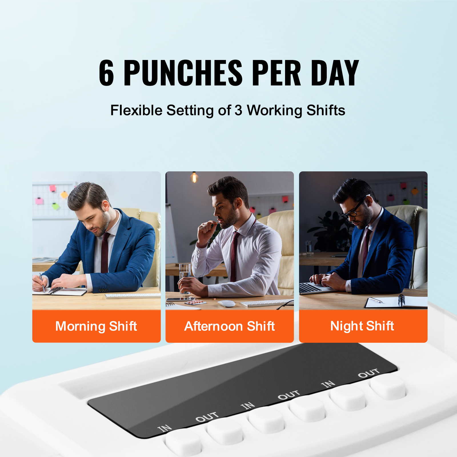 VEVOR time clock with 6 punches per day and flexible setting for morning, afternoon, and night shifts.