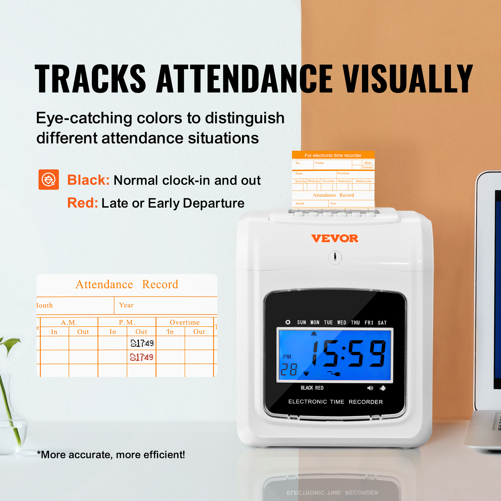 VEVOR time clock with color-coded attendance tracking, showing a blue digital display and attendance records.