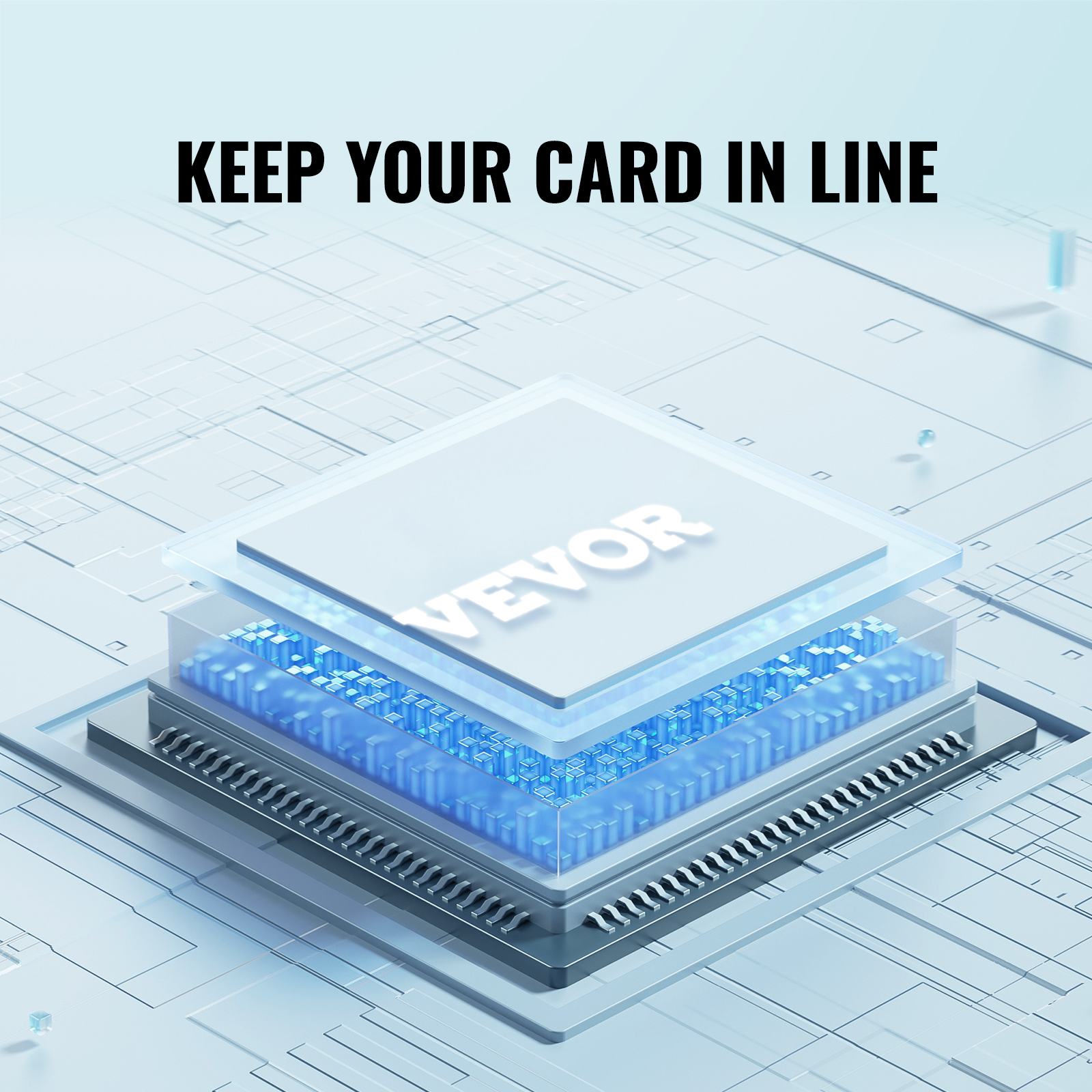 3d circuit board with VEVOR logo and "keep your card in line" text above.