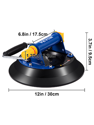 VEVOR glass lifting vacuum suction cup with dimensions highlighted in blue and black.